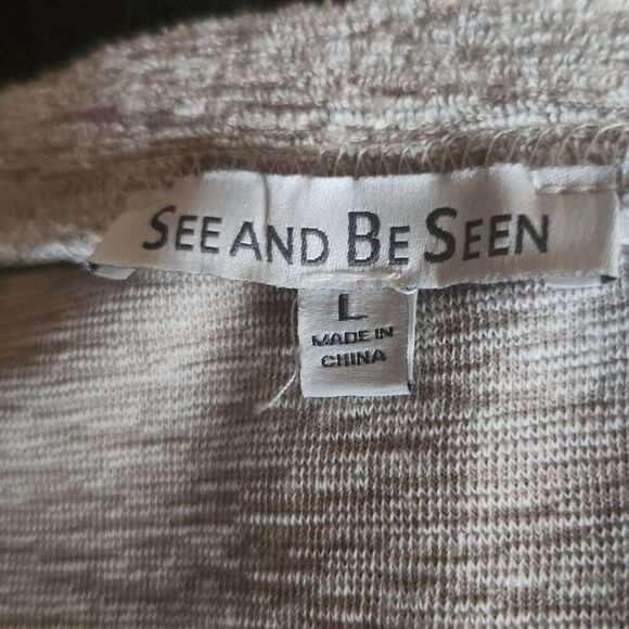 T83 See And Be Seen lightweight crocheted long-sleeve top heather taupe Sz L - Picture 2 of 11